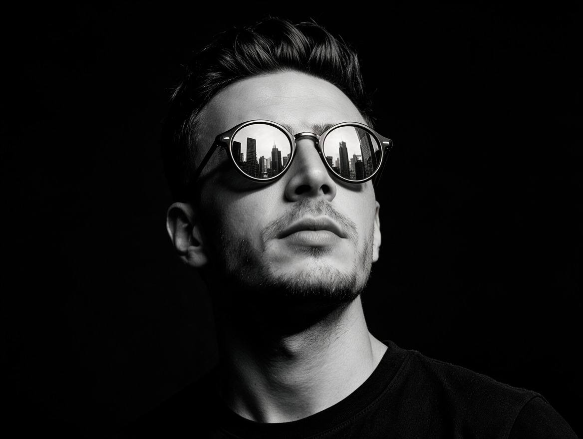 KYNEO in black and white, head tilted back, a city skyline reflected in his sunglasses.